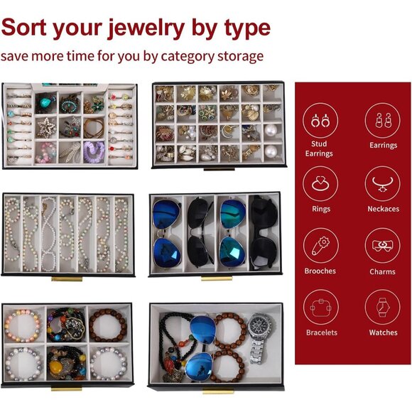 Jewelry Box for Women, Black 6 Layer Large Jewelry Organizer with Glass Lid for - Picture 6 of 7